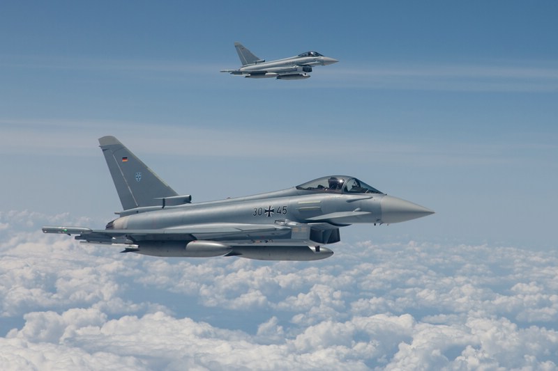 comp_pic38 by Timm Ziegenthaler.jpg -  German Eurofighters from Fighter wings 73 and 74 are refuelled in mid-air, using callsigns such as “Bowie”, “Spark”, “Noble” and “Saturn” 